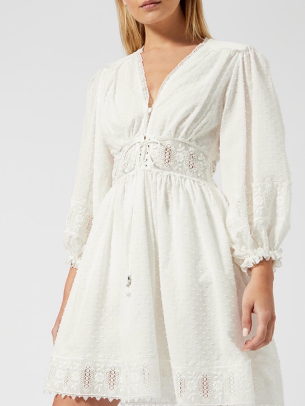 Zimmermann Ivory Eyelet Lace-Trim Mini Dress Sz 2 (equivalent to a US M)